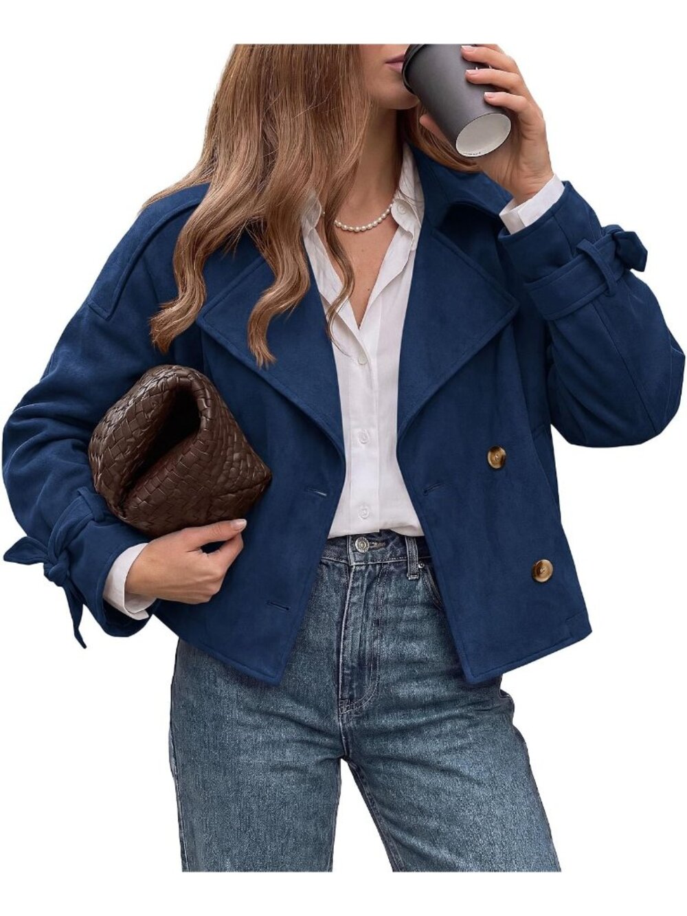 Women Navy Blue Faux Suede Long Sleeve Button Down Tie Cuff Lapel Trench Coat